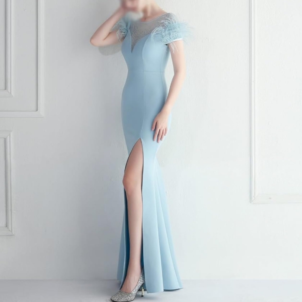 Kalinnu Light Blue Feathered Crystal Mesh Bodice Formal Maxi Dress Size Small